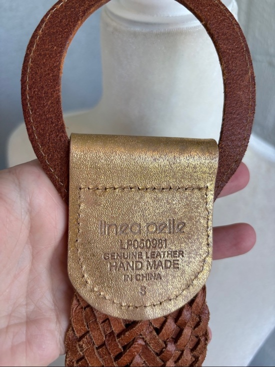 Linea Pelle Leather Brass Gold Braided Waist Belt with Round Ring sz S